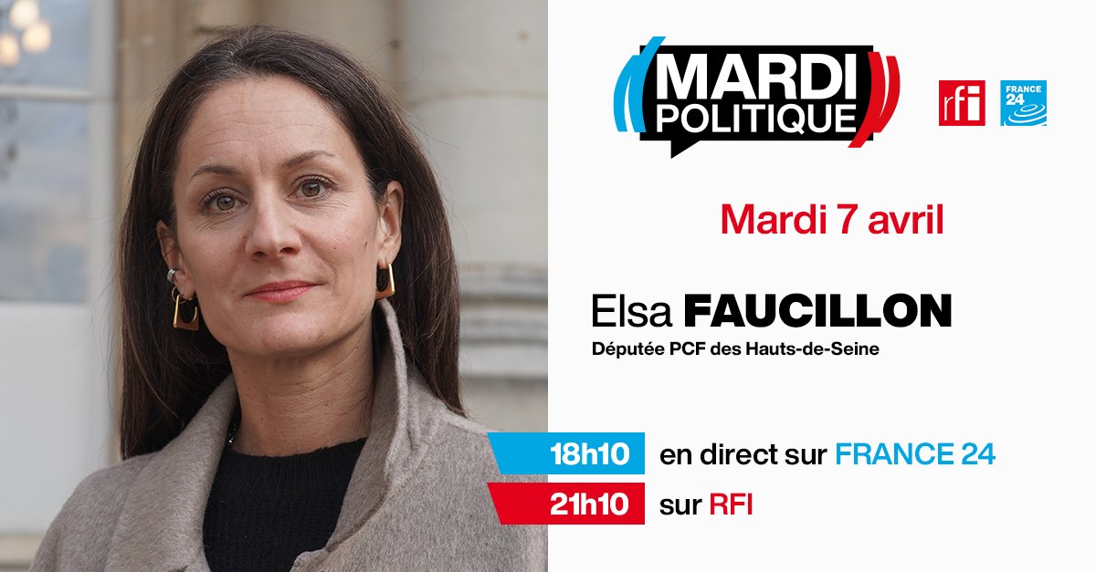 🎙 <a href="/ElsaFaucillon/">Elsa Faucillon</a>, députée <a href="/PCF/">PCF</a> des Hauts-de-Seine, sera l'invitée de #MardiPol demain sur <a href="/FRANCE24/">FRANCE 24</a> à 18h10 et <a href="/RFI/">RFI</a> à 21h10

Elle répondra aux questions de <a href="/FredRiviereRFI/">Frédéric Rivière</a> et <a href="/RoselyneFebvre/">Roselyne Febvre</a>