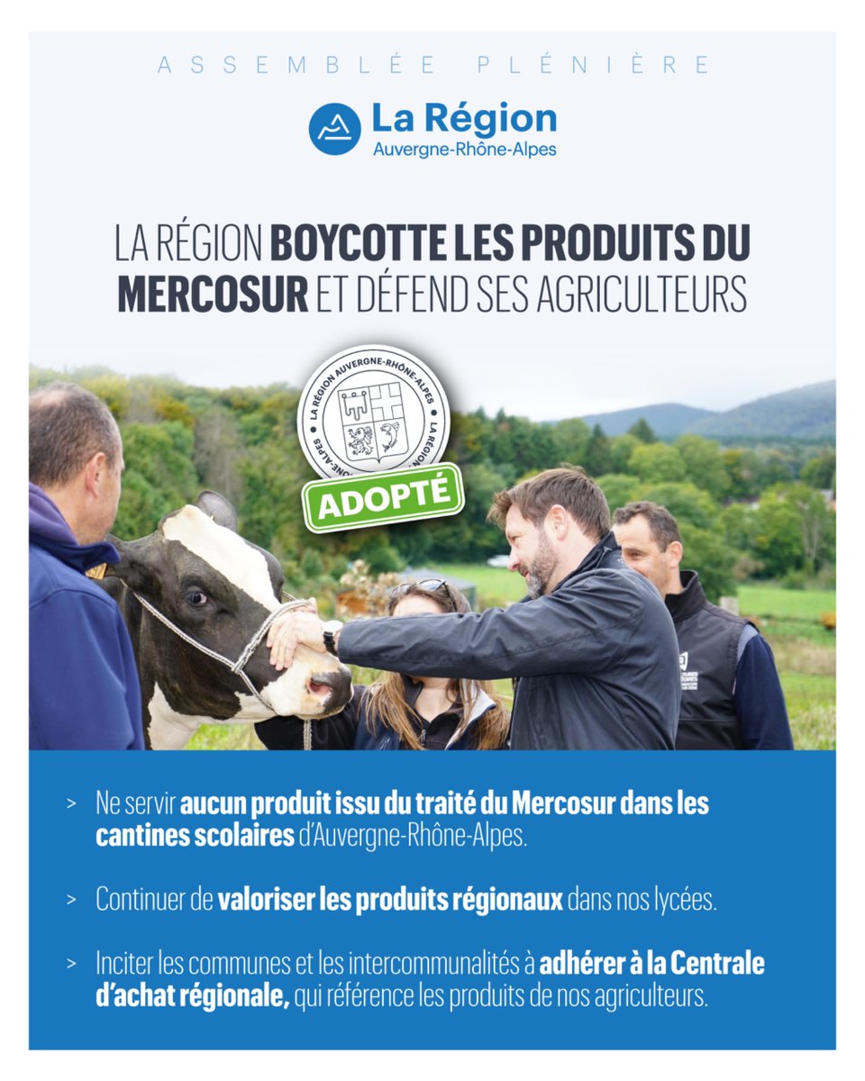 lr_auv_rh_alpes's tweet photo. La Région @auvergnerhalpes dit NON aux produits du Mercosur dans ses cantines scolaires.

✅️Priorité à nos agriculteurs
✅️ Valorisation des produits locaux
✅️ Défense de notre souveraineté alimentaire

Un choix fort pour nos territoires et un soutien sans faille à nos agriculteurs.

#Agriculture #Souveraineté #Local