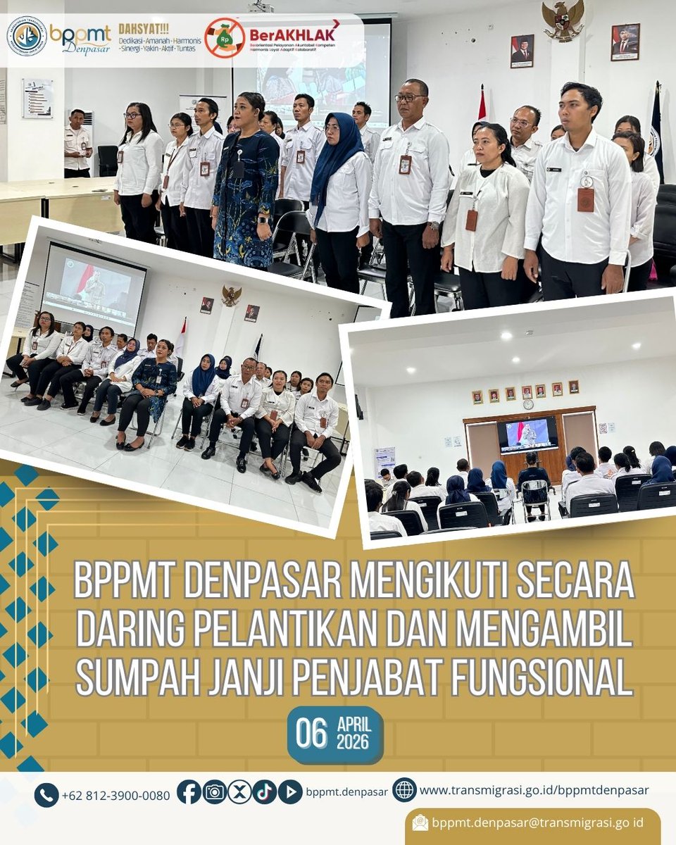 Kepala BPPMT Denpasar beserta jajaran turut menghadiri dan mengikuti prosesi pelantikan secara daringsebagai bentuk dukungan dan apresiasi terhadap pejabat yang baru dilantik.

Selamat dan sukses, semoga amanah dalam mengembangkan diri serta mengabdi kepada bangsa dan negara.