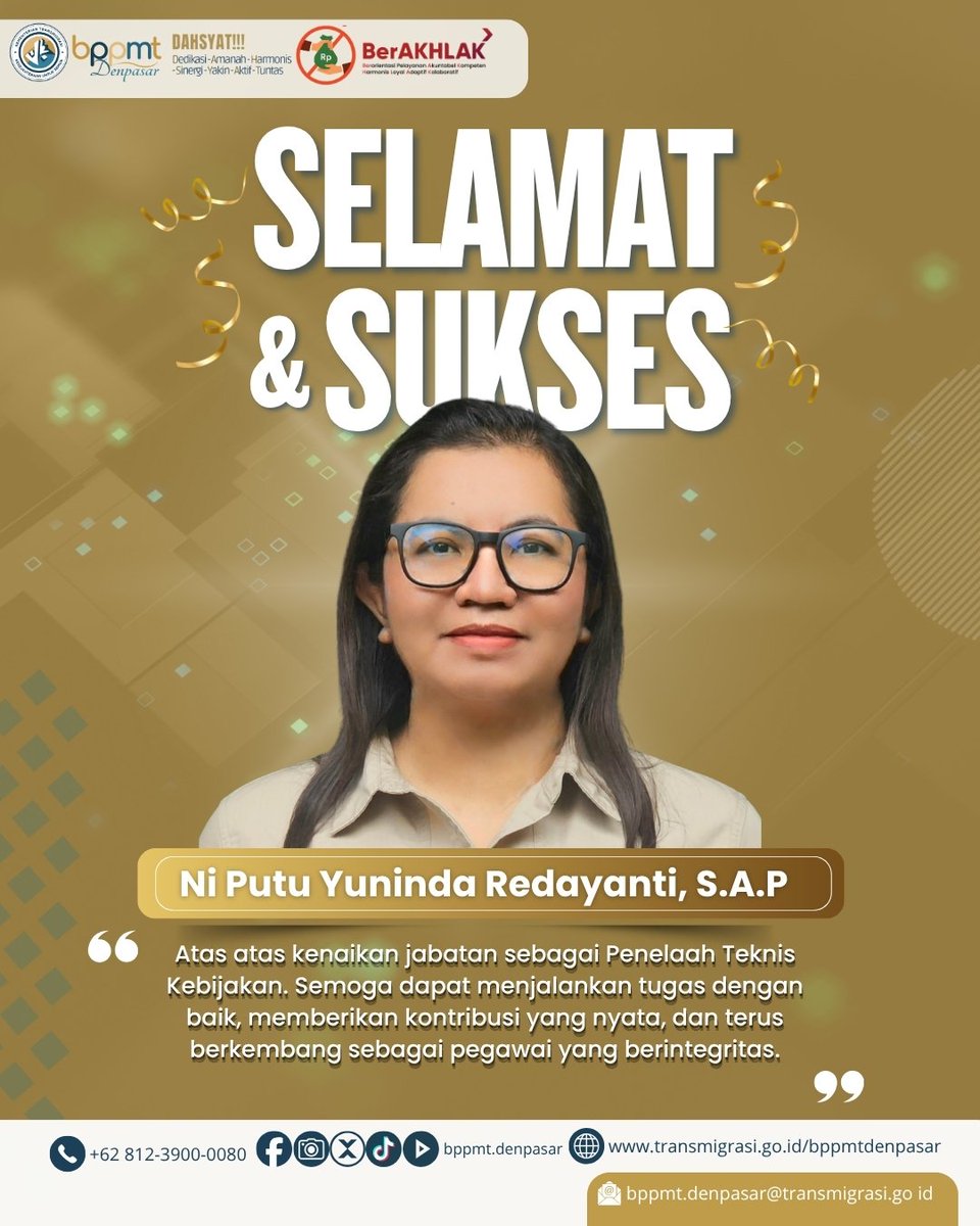 Selamat dan sukses atas dilantiknya:

1. Ni Putu Khrisnia Suandari, S.KM
2. ⁠Ratri Kusuma, S.Ikom
3. ⁠Muhamad Ilham Kurniawan, S.T
sebagai **Penggerak Swadaya Masyarakat Ahli Muda**

serta

Ni Putu Yuninda Redayanti, S.A.P
sebagai *Penelaah Teknis Kebijakan*