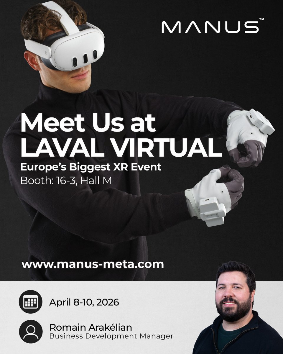 ManusMeta's tweet image. We'll be at Laval Virtual 2026 in France, April 8-10, bringing precision hand tracking built for VR/XR and robotics teleoperation to Europe's biggest immersive tech stage. Come find us at Booth 16-3, Hall M 👋

@lavalvirtual #vr #xr #teleoperation #robotics
