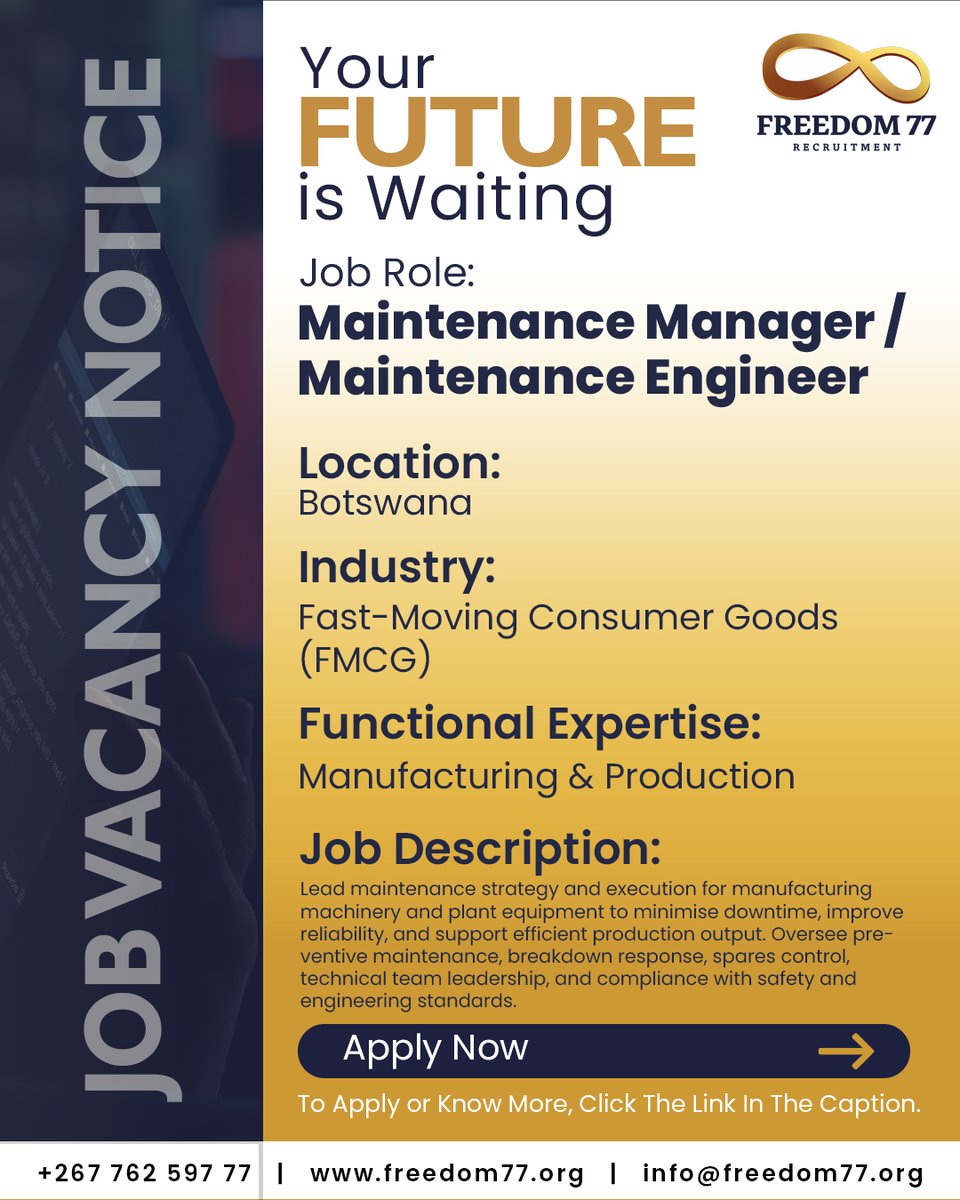 Freedom77_BW's tweet photo. 🚨 Now Hiring: Maintenance Manager / Maintenance Engineer – Botswana

📍 Botswana
⚙ Manufacturing &amp; Production
Apply here 👇
 https://t.co/J3Es3ingm7

🚫 No email applications
#BotswanaJobs #MaintenanceJobs #EngineeringJobs #NowHiring #JobsInAfrica https://t.co/JTHR0IZZA1