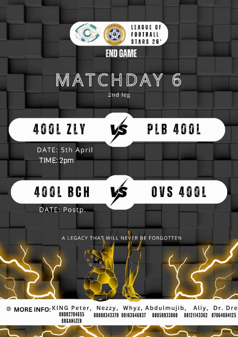 LFS_football's tweet photo. 🚨 MATCHDAY 6 (2nd Leg) FIXTURES 🚨 ⚽️ 400L ZLY vs PLB 400L (April 5th, 2 PM) ⚽️ 400L BCH vs OVS 400L (Postponed) https://t.co/6hcXvjkakm
