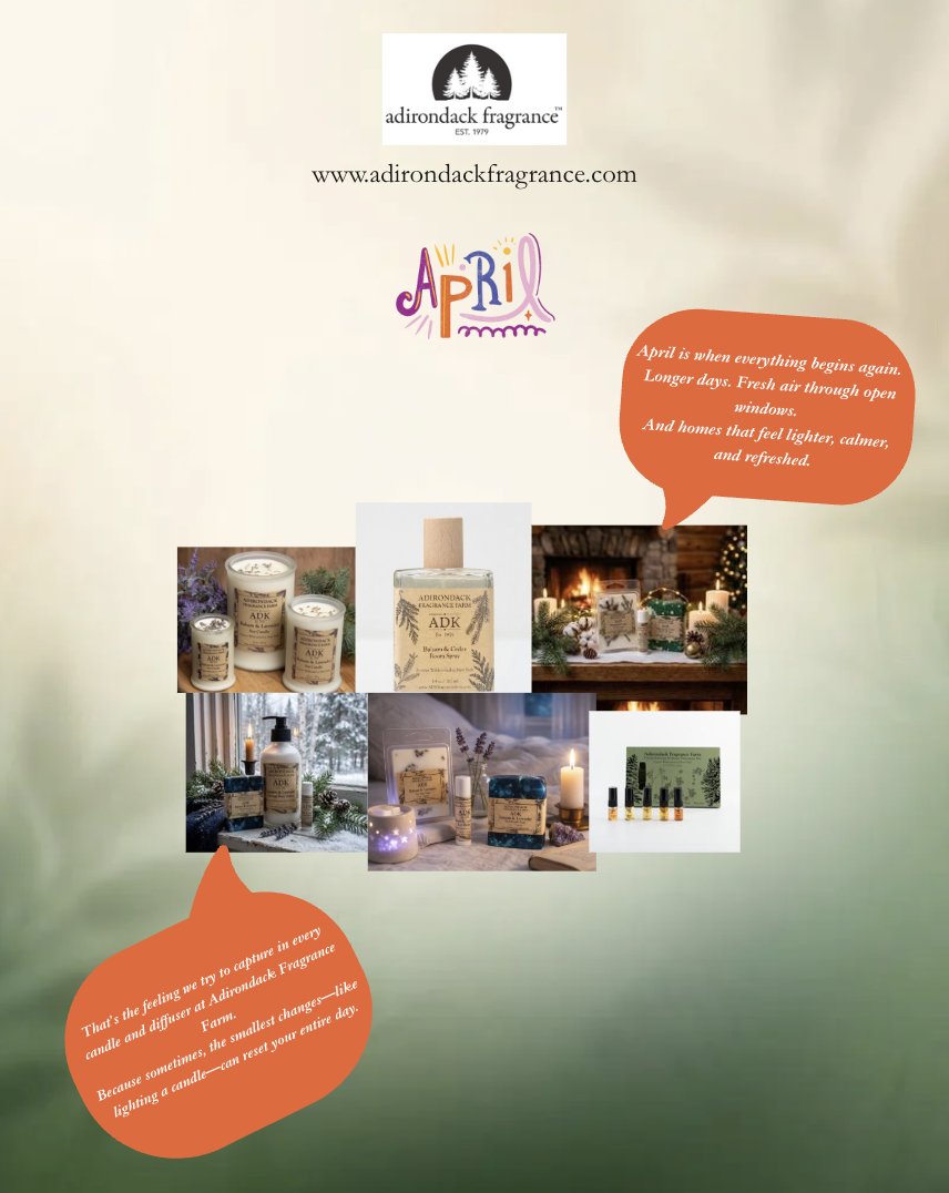 AdkFarm's tweet image. April has a scent… and it smells like fresh beginnings.
April is when everything begins again.
Longer days. Fresh air through open windows.
And homes that feel lighter, calmer, and refreshed.

#adkfragrancefarm #adirondackfragrance #relaxwithnature