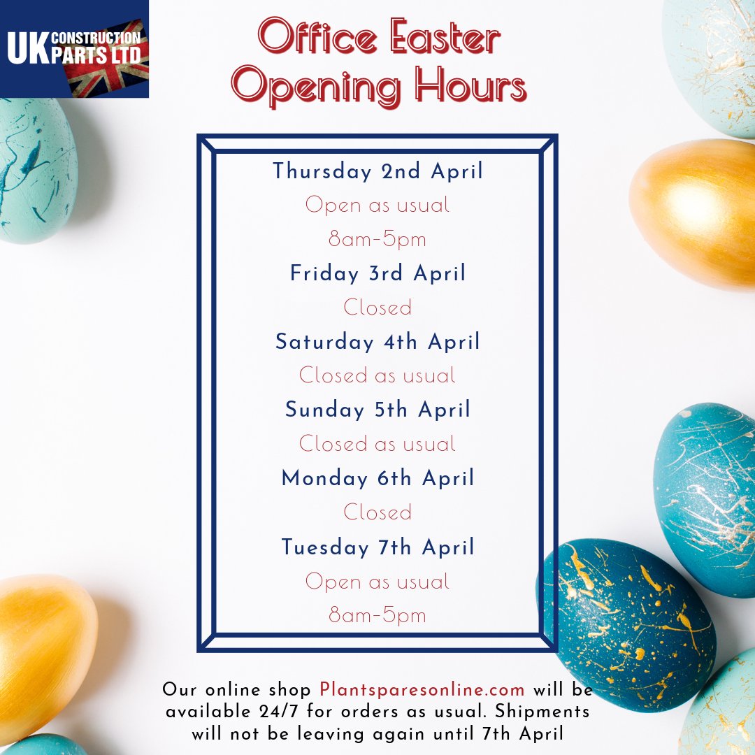 UKCP_Ltd's tweet photo. Plan ahead this Easter! 🐣

Check out our holiday opening hours to stay on track. Our online shop is open 24/7, but shipments resume April 7th. Wishing you a bright and joyful Easter!

#EasterHours #UKConstructionParts #PlanAhead https://t.co/vbQqWy0oHp