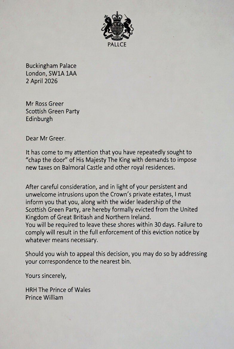 TheHauntedFanny's tweet photo. HRH Prince William Reply:
to Ross Greer & @scottishgreens who want to force the Monarch to pay Land and Buildings Transaction Tax on King Charles which he would only pay if he purchased a home north of the border in Scotland #ProindyPerverts https://t.co/dVCtglCT7U