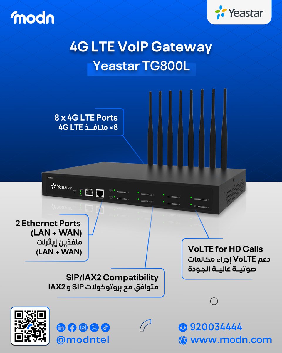 modntel_'s tweet photo. Experience high-quality, reliable connectivity with the Yeastar TG800L Gateway, converting 4G LTE to VoIP while reducing costs and ensuring seamless system integration.

📞 To order, call us at: 920034444

#VoIP #Yeastar #TG800L #4GGateway #TelecomSolutions #VoIPSolutions #LTE https://t.co/nTGFbqSjYP