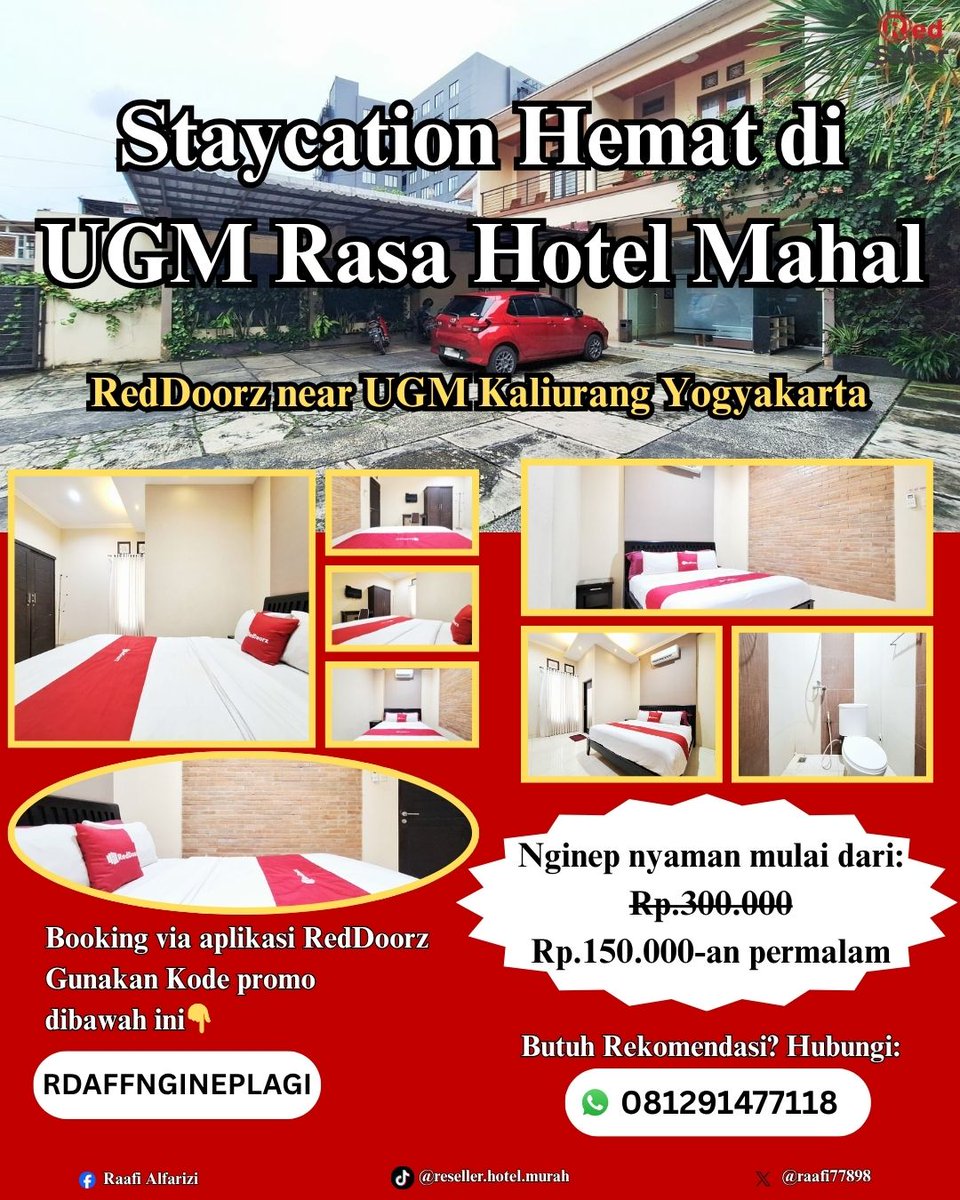raafi77898's tweet photo. Kalau kamu cari hotel strategis di Jogja, ini wajib masuk list 👇

📍 RedDoorz near UGM Kaliurang Yogyakarta
💰 Mulai 150rb-an
✨ Nyaman + lokasi top

Booking via apk #RedDoorz &amp; isi kode promo RDAFFNGINEPLAGI (lebih aman &amp; sering promo)

Staycation enjoy, RedDoorz pilihan coy https://t.co/qtFk6jbDmV