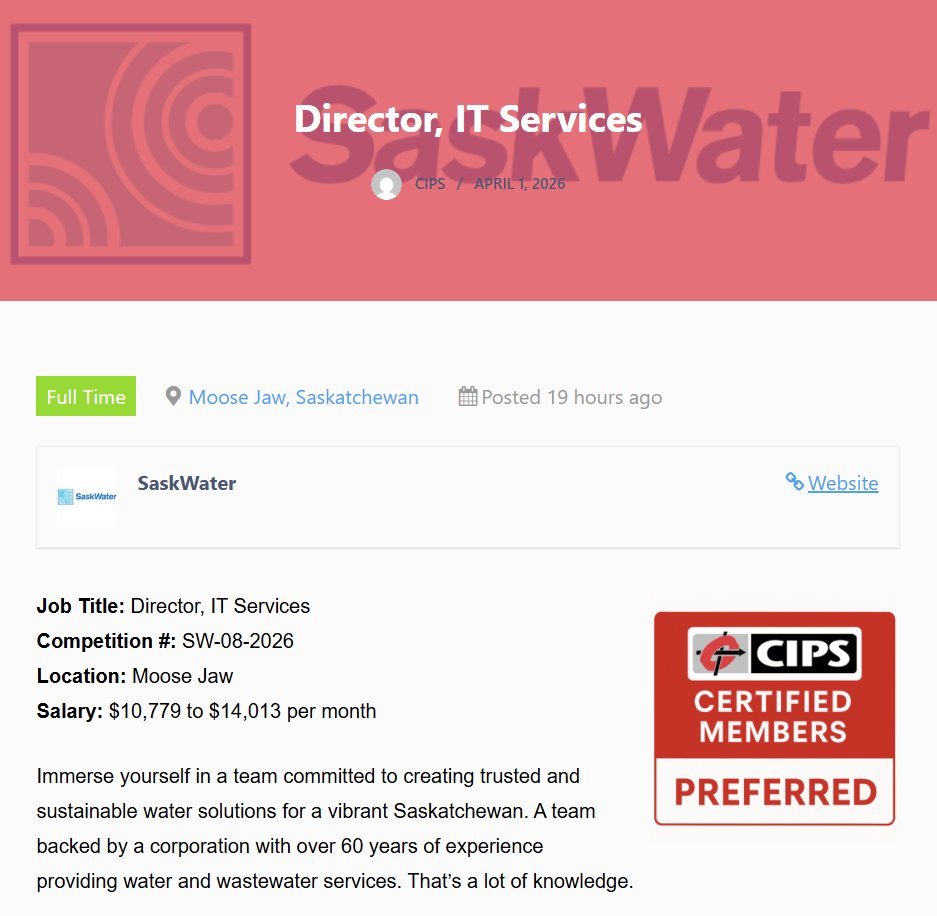 CIPS's tweet image. 💼 Featured IT Job: Director, IT Services 
📍 SaskWater – Moose Jaw, Saskatchewan
🔗 cips.ca/job/2026-direc…

* CIPS Certified Members Preferred *

📢 Have an IT job to share? Post it today on the CIPS Job Board:
👉 cips.ca/post-job

#ITJobs #TechCareers #ITProfessionals