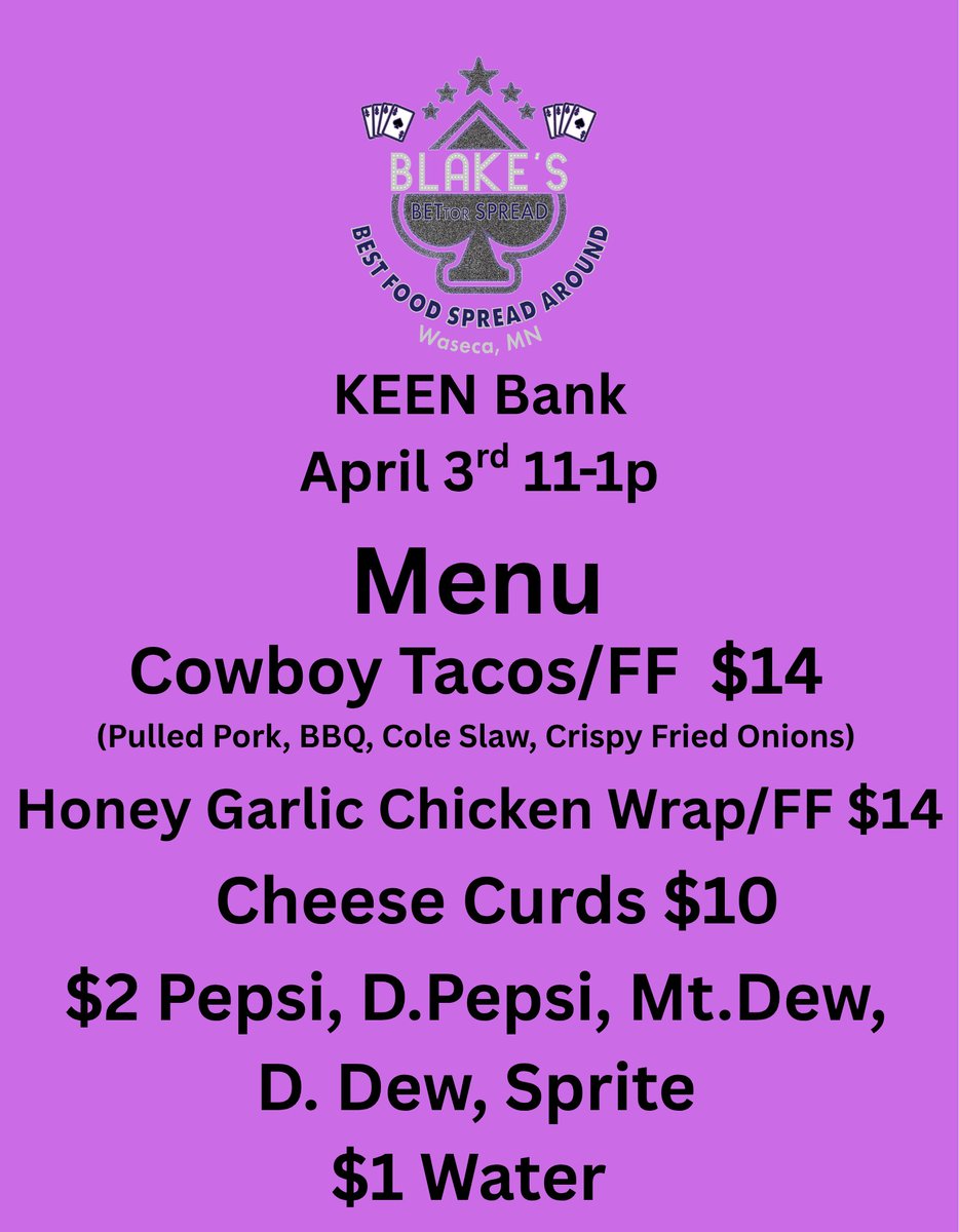 TOMORROW we will have Blake’s BETtor Spread #foodtruck serving up lunch from 11 am – 1 pm. Make plans to swing by for lunch and say hello to your community banking friends! Member FDIC #CommunityBankingMonth #banklocally #BankInMN #foodtruck