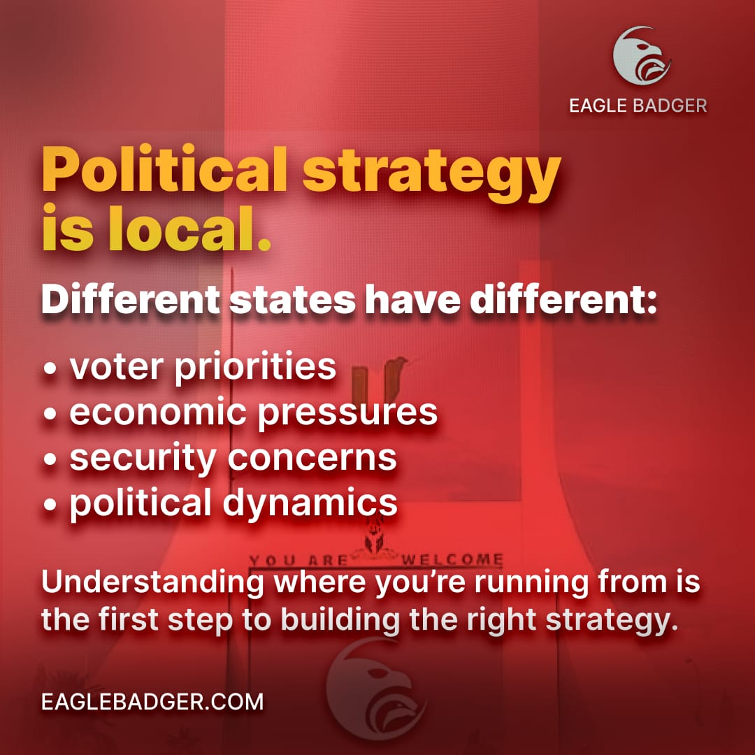 Eagle_BadgerNG's tweet photo. Politics isn’t one-size-fits-all.

Every state has its own realities from voter priorities to security concerns and shifting power dynamics.

If you're serious about 2027 and beyond, you need more than ambition  you need insight, strategy, and positioning.

Eagle Badger is building a map of serious aspirants, helping you understand the terrain before you make your move.
📍 Your state matters
📍 Your strategy matters
📍 Your timing matters

Ready to step in early and smart?
Join the map. Let’s position you right.

💬 Comment or send a message with:
• Your State
• The Office you're considering

#EagleBadger #PoliticalStrategy #2027Elections #NigeriaPolitics #Leadership