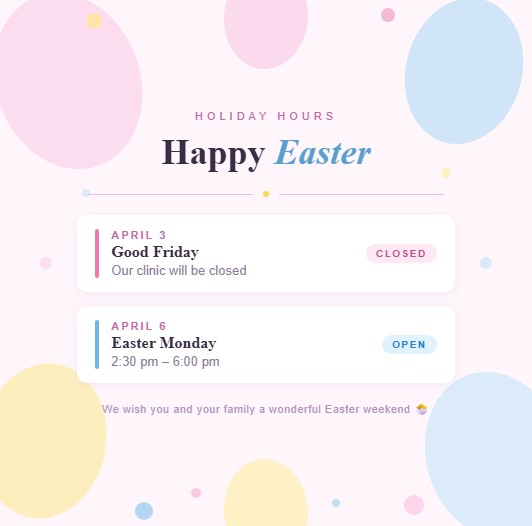 kwhealth's tweet photo. 🌸 Easter Hours Update 🌸
Please note that our clinic will be closed on Good Friday, April 3rd.
We will be open on Easter Monday, April 6th from 2:30pm – 6:00pm.
Wishing all of our patients and their families a safe and happy Easter long weekend! 🐣💛
#Easter #HolidayHours https://t.co/n9aw7WOOpj