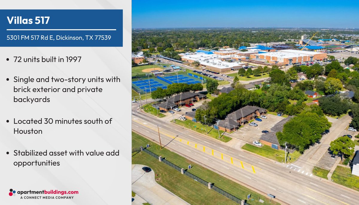 AptBldgs's tweet image. Townhome-Style Community | Dickinson, TX

• 1997 vintage with brick exteriors &amp;amp; private backyards
• Mix of single- and two-story units with full-size W/D connections
• ~90% occupied with clear value-add upside

🔗 hubs.la/Q049r3ql0

#Multifamily #ValueAdd #CRE