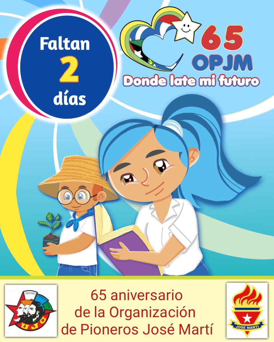 "Donde late mi futuro" es el lema de este año de la Organización de Pioneros José Martí (OPJM), que este 4 de abril estará cumpliendo 65 años de fundada. Ya quedan dos días. Lleguen las felicitaciones a nombre del <a href="/CncaAzcuba/">Centro Nacional de Capacitación Azucarera CNCA</a> y del <a href="/GAzcuba/">Grupo Azucarero AZCUBA🇨🇺</a> a los pioneros de #Cuba. #Azucareros