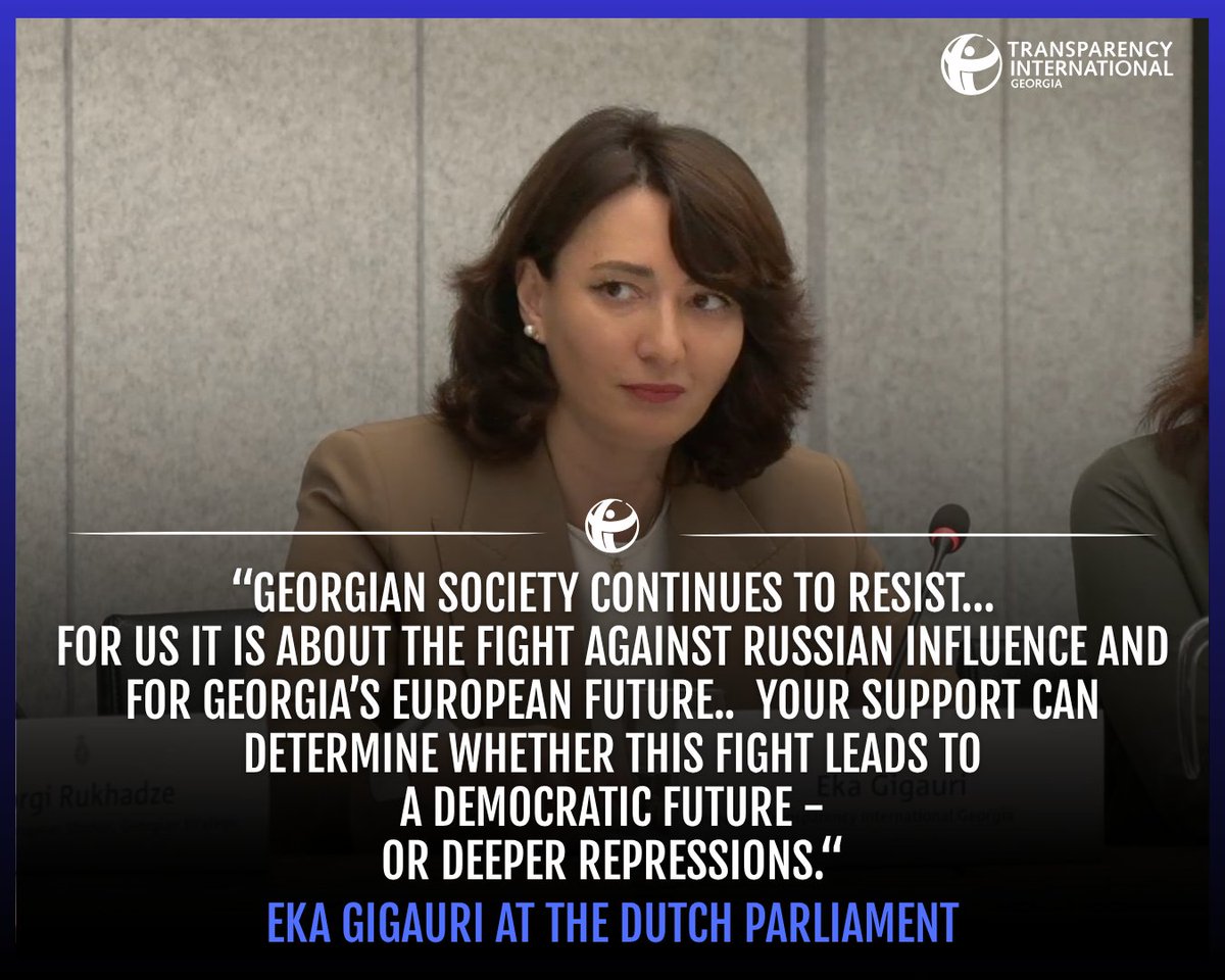Transparency_GE's tweet photo. Georgia is not becoming European.
Georgia is European - through its history, its values and the will of its people. 🇬🇪

Speech by Eka Gigauri at the Dutch Parliament. 
Read more below ⬇️ https://t.co/v3knKOVKmn