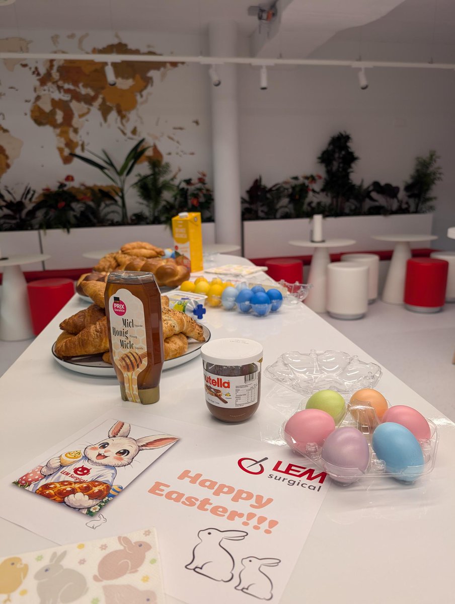 LEMSurgical's tweet photo. 🌷🐣 Happy Easter from all of us at LEM Surgical! 
🐰🍫

This week, we had the pleasure of celebrating together with a traditional Swiss Easter breakfast for our team. From freshly braided Zopf bread to colorful eggs paired with mayonnaise and a touch of Aromat, and (of course) plenty of Swiss chocolate bunnies, it was a wonderful moment to come together and enjoy the spirit of the season.
As spring begins, we’re grateful for our team and the energy and care they bring every day.
Wishing everyone a joyful Easter. 🌼
#HappyEaster #TeamLEM #SwissTraditions #Spring