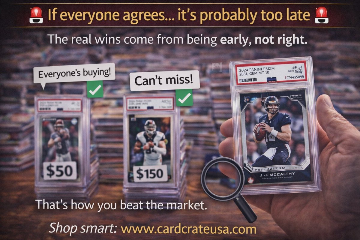CardCrateSports's tweet image. 🚨 If everyone agrees… it’s probably too late 🚨

The real wins come from being early, not right.

Trust your eye 👀

That’s how you beat the market.

Shop smart: cardcrateusa.com

#sportscards #thehobby #cardcollecting #tradingcards #sportscardmarket