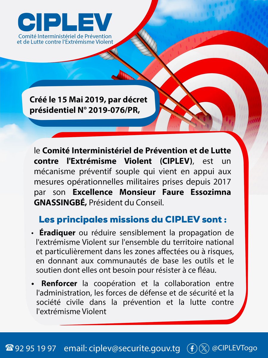 CIPLEV_TOGO's tweet photo. COMPRENDRE LA CIPLEV

Définition et missions principales du CIPLEV
#PaixSécurité
#PreventionExtrémisme
#DialogueCohésion

@MSPC_TOGO https://t.co/yIXtV7AHWb