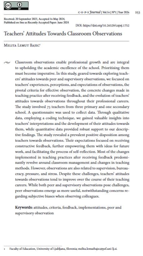 CepsJournal's tweet image. Don’t miss the varia article Teachers’ Attitudes Towards Classroom Observations by Melita Lemut Bajec, included in our latest issue: doi.org/10.26529/cepsj… #attitudes #criteria #feedback #implementations #peerandsupervisory #observation