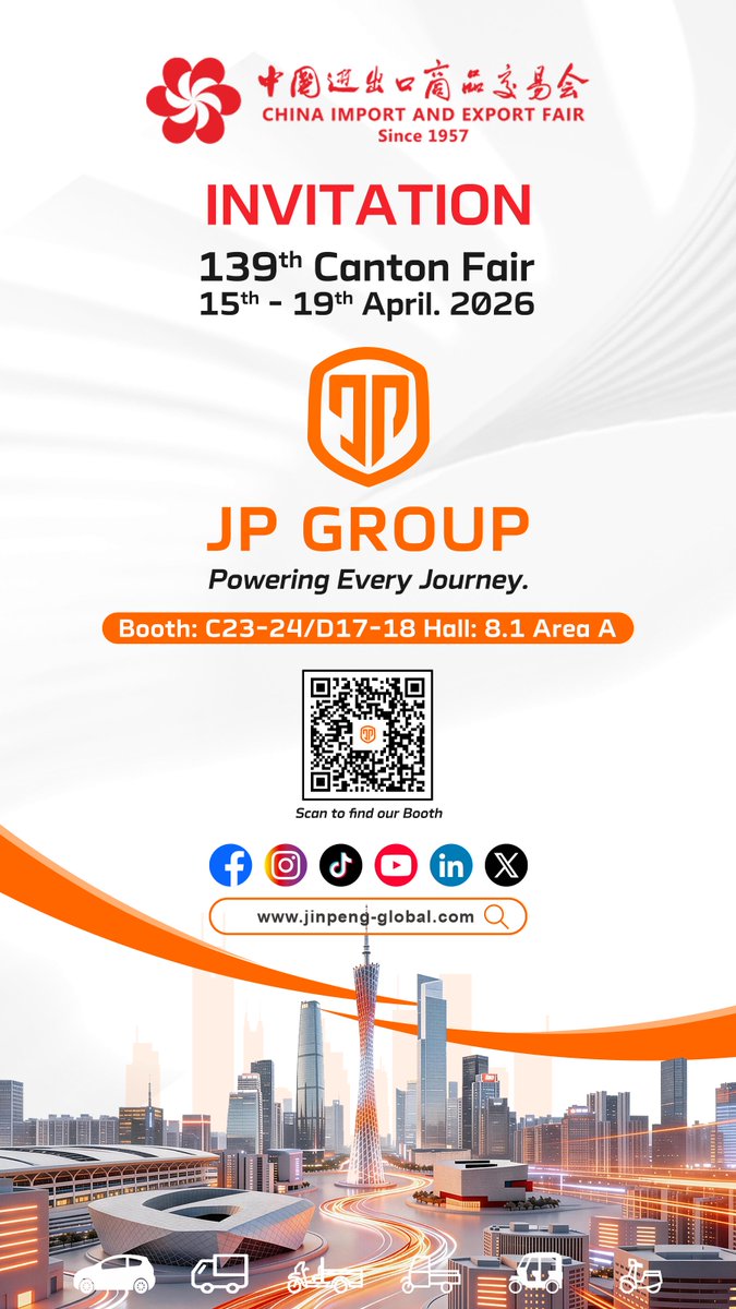 jinpeng_global's tweet image. JP Global is heading to the 139th Canton Fair! 📢

📱 Scan QR to know more about JP Global.
🔔 Follow us for live updates and the latest information!

 #Jinpeng #JPEV #EV #cantonfair