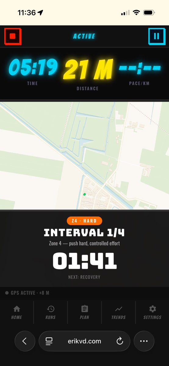 theerikvd's tweet photo. Added some visual cues for running stages 🏃‍♂️

Was on a run yesterday and created this program that builds up to increase vo2max and hrv but I had to look at the clock and determine when to talent easy and when to go hard. 

As the point of using an app is to be guided through the sessions, I added these visual guides and count down timers to show what phase you’re in!

On to the next run tomorrow!