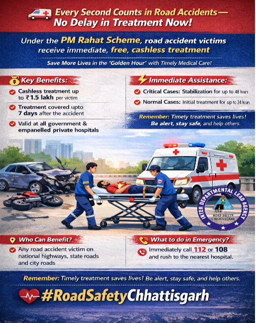 roadsafetychhat's tweet photo. 🚑 सड़क हादसे में अब नहीं होगी देरी!

पीएम राहत (कैशलेस ट्रीटमेंट) योजना के तहत दुर्घटना पीड़ितों को ₹1.5 लाख तक का मुफ्त इलाज, वो भी तु���ंत—ताकि हर जिंदगी को मिले समय पर सहारा। 
#RoadSafetyChhattisgarh #PMRahatScheme #RoadSafetyIndia #SaveLives #GoldenHourMatters https://t.co/2GN9QgIZAy