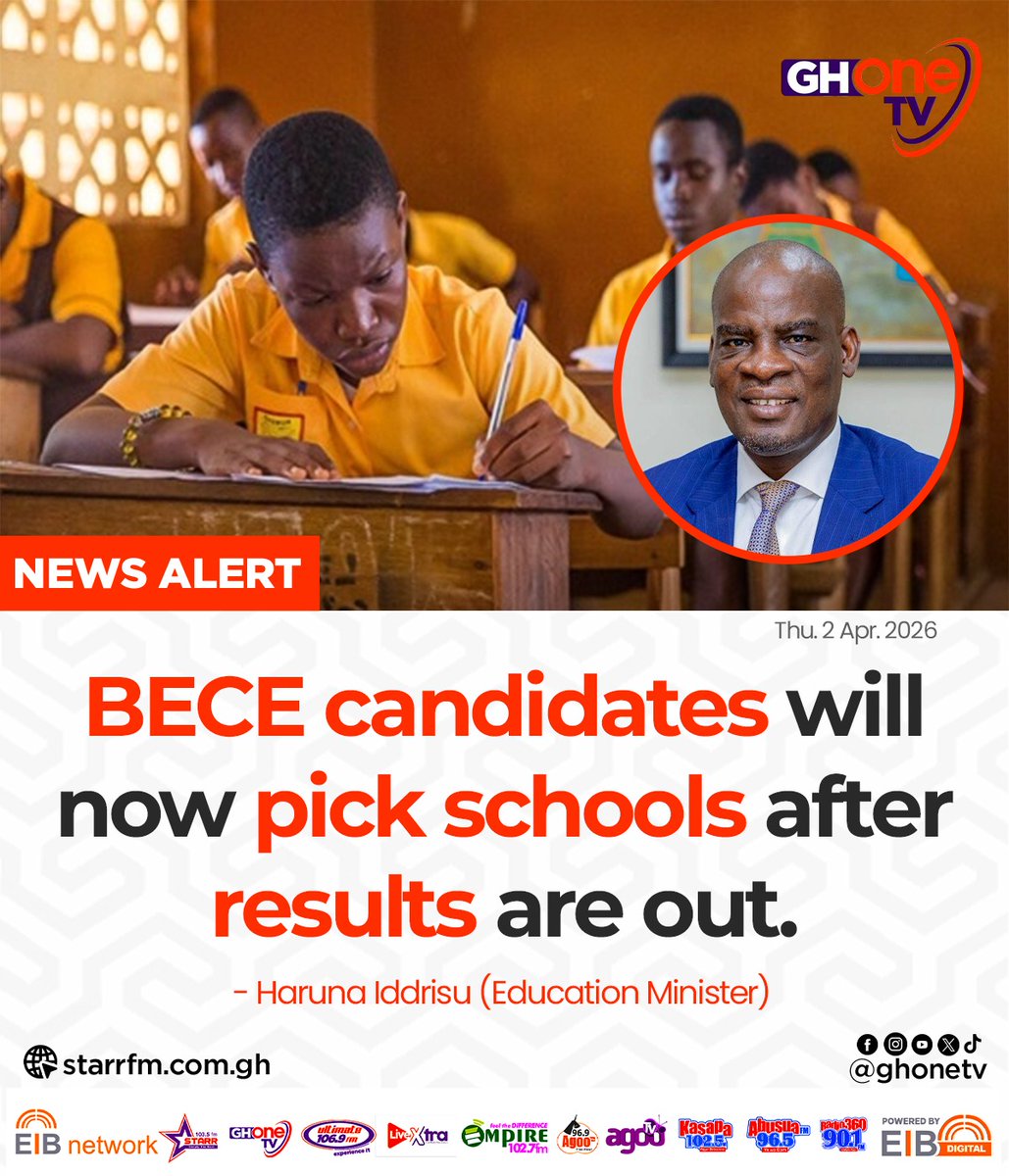 ghonetv's tweet photo. BECE candidates will now pick schools after results are out... - Haruna Iddrisu (Education Minister) 

#GHOneNews #EIBNetwork 
#GHOneTV #NewsAlert https://t.co/7AIMmyQ2b6