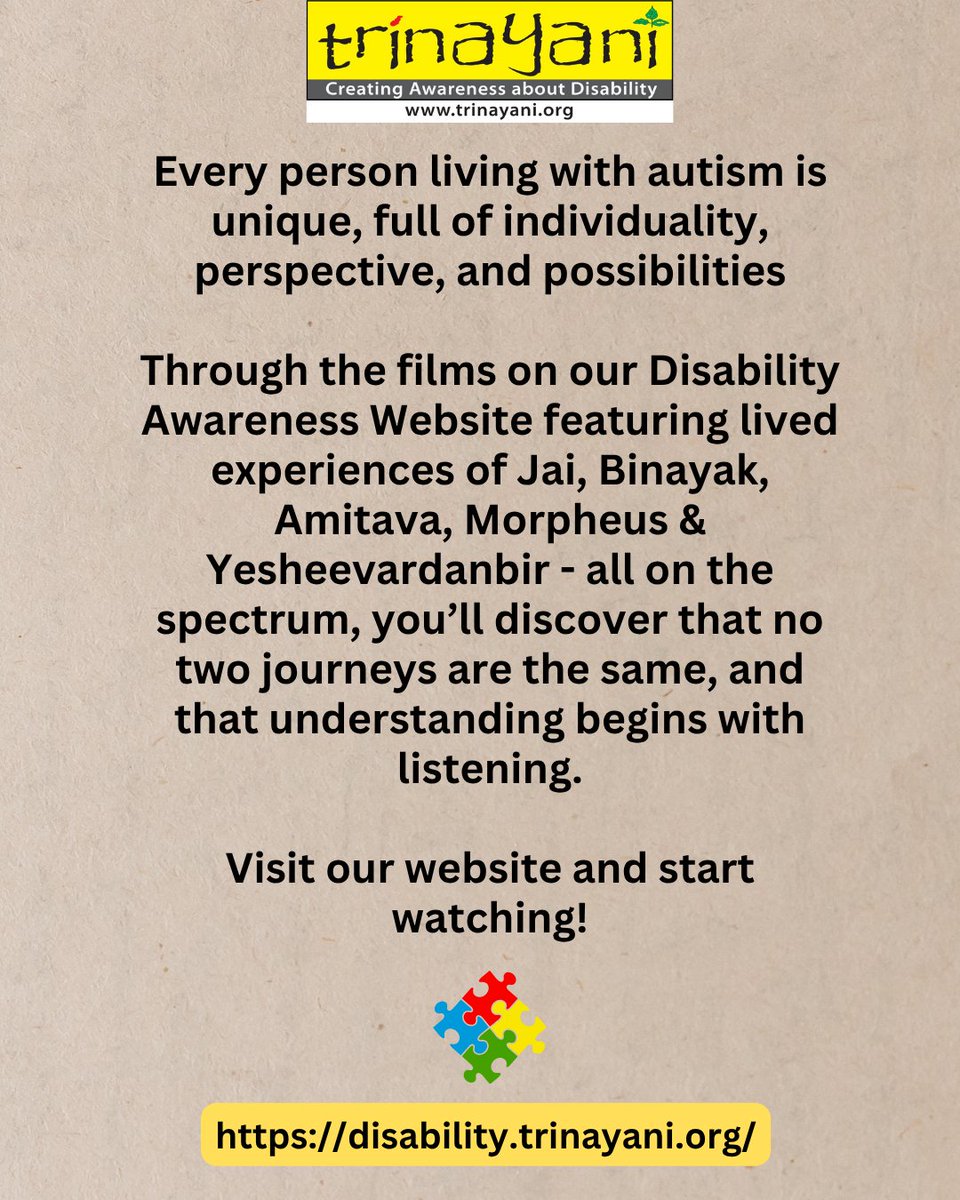Trinayani_ngo's tweet image. #AutismSpectrumDisorder is not a single, fixed experience  on #WorldAutismAwarenessDay,  listen, understand, and move towards acceptance by watching diverse lived experiences of our friends living with autism on 
disability.trinayani.org our #DisabilityAwareness website.
