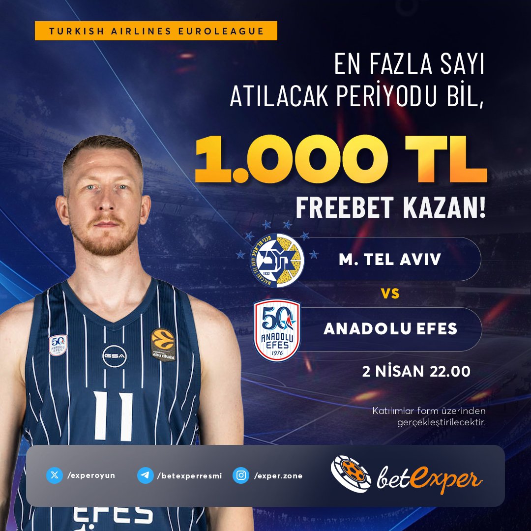 experoyun's tweet photo. 🇪🇺 BETEXPER'DEN 1.000 TL ÖDÜLLÜ FREE BET ETKİNLİĞİ!

🏀 M. TEL AVIV vs ANADOLU EFES 🏀

🆓 En Fazla Sayı Atılacak Periyodunu Bil, Betexper'den 1.000 TL FREE BET Kazan!

🗳 Etkinliğe katıl, dev maçın kazananı sen ol!

🐦 Katılım formu: https://t.co/sKSWYlrQhx https://t.co/UhG5roqBYc