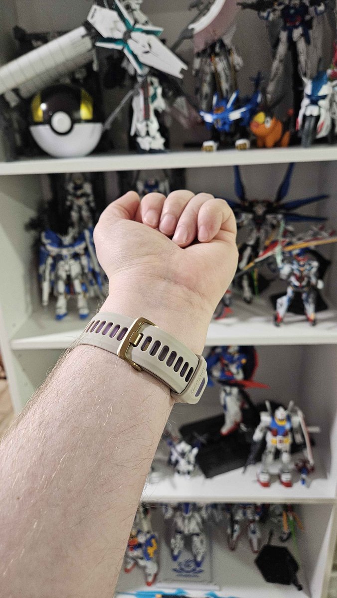 I got a watch!⌚️
My previous watch was a Citizen eco drive over 13 years ago. I've not had a watch in years. 
This should help wake me up better than phone alarm, and keeps track of all sorts of useful metrics. It even has a flashlight! Perfect to search for dropped #gunpla parts