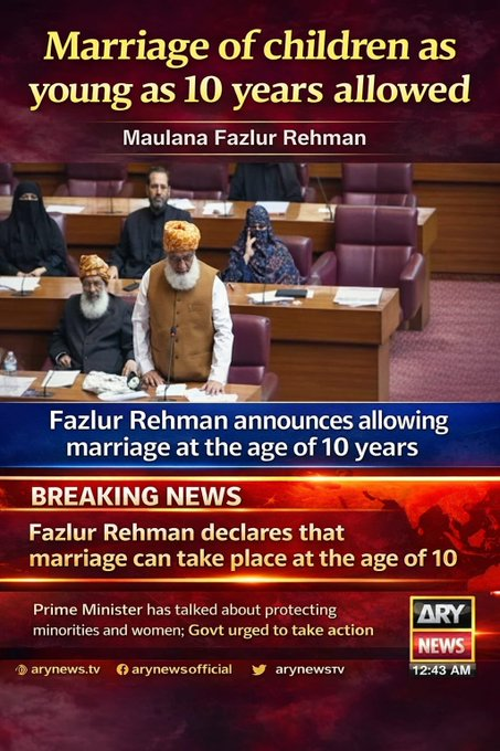 ayesha16g's tweet image. Outrageous &amp;amp; unacceptable: Maulana Fazlur Rehman suggesting marriage at 10! 

Childhood is for growth, education &amp;amp; safety — not exploitation. No culture, politics or religion justifies this.  Strongly condemn child marriage in any form.

#EndChildMarriage #GirlsNotBrides