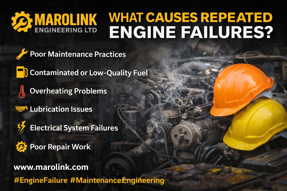 marolink_engr's tweet image. Repeated engine failures? 🚧
It could be poor maintenance, bad fuel, overheating, lubrication issues, or substandard repairs.
Prevent breakdowns with expert care from Marolink Engineering Ltd.
🌐 marolink.com⁠�
#EngineFailure #Maintenance #Engineering