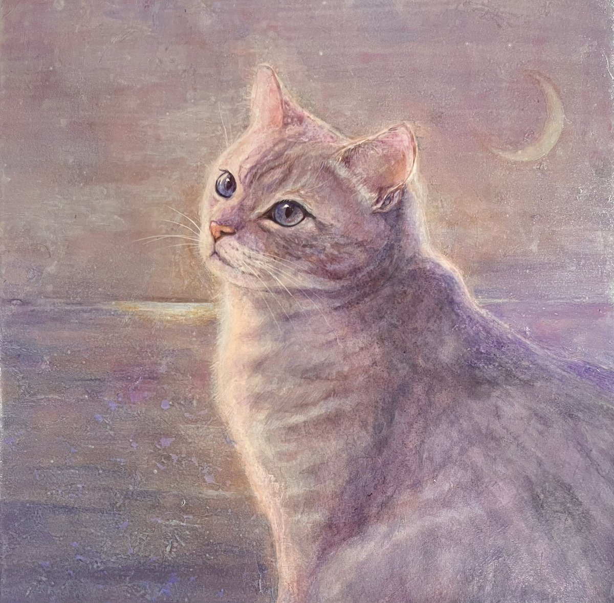 中秋の名月と猫、水彩紙24cm×35cm 中秋の名月と猫、水彩紙24cm×35cm