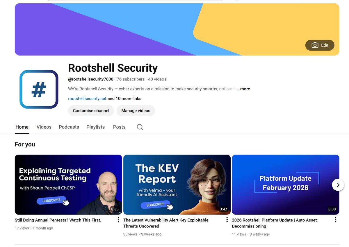 RootshellSec's tweet photo. Did you know we’re on YouTube?

Practical KEV reports + real-world insights 👇
🎥 https://t.co/WrfsWwBy4W

#CyberSecurity #VulnerabilityManagement #KEV https://t.co/rcQlL5h2WY
