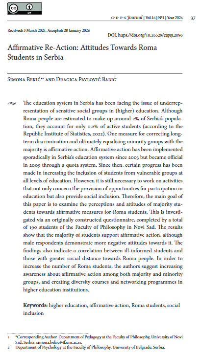 CepsJournal's tweet photo. Published in our latest issue; Affirmative Re-Action: Attitudes Towards Roma Students in Serbia by Simona Bekić, Dragica Pavlović Babić. Read the article here: https://t.co/Prc9KejV48 #highereducation #affirmativeaction #Romapeople #socialinclusion https://t.co/miAxVEQh5r