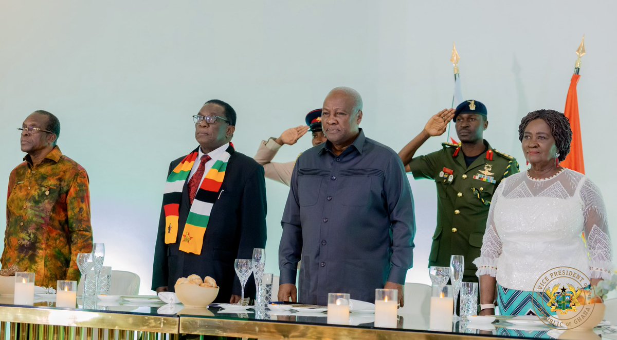 NJOAgyemang's tweet photo. I joined His Excellency President John Dramani Mahama at a state banquet held in honour of His Excellency Emmerson D. Mnangagwa, President of the Republic of Zimbabwe, as part of his historic visit to Ghana.

The relationship between Ghana and Zimbabwe is grounded in a common desire for liberation and a commitment to African unity. Our friendship has been shaped by the ideals of anti-imperialism and Pan-African solidarity championed by pioneers such as Kwame Nkrumah. The ties between our two nations continue to evolve with a renewed focus on deepening diplomatic and economic cooperation.

It was a distinct honour to host President Mnangagwa and his delegation as we work to further consolidate this partnership in the spirit of progress and continental unity.