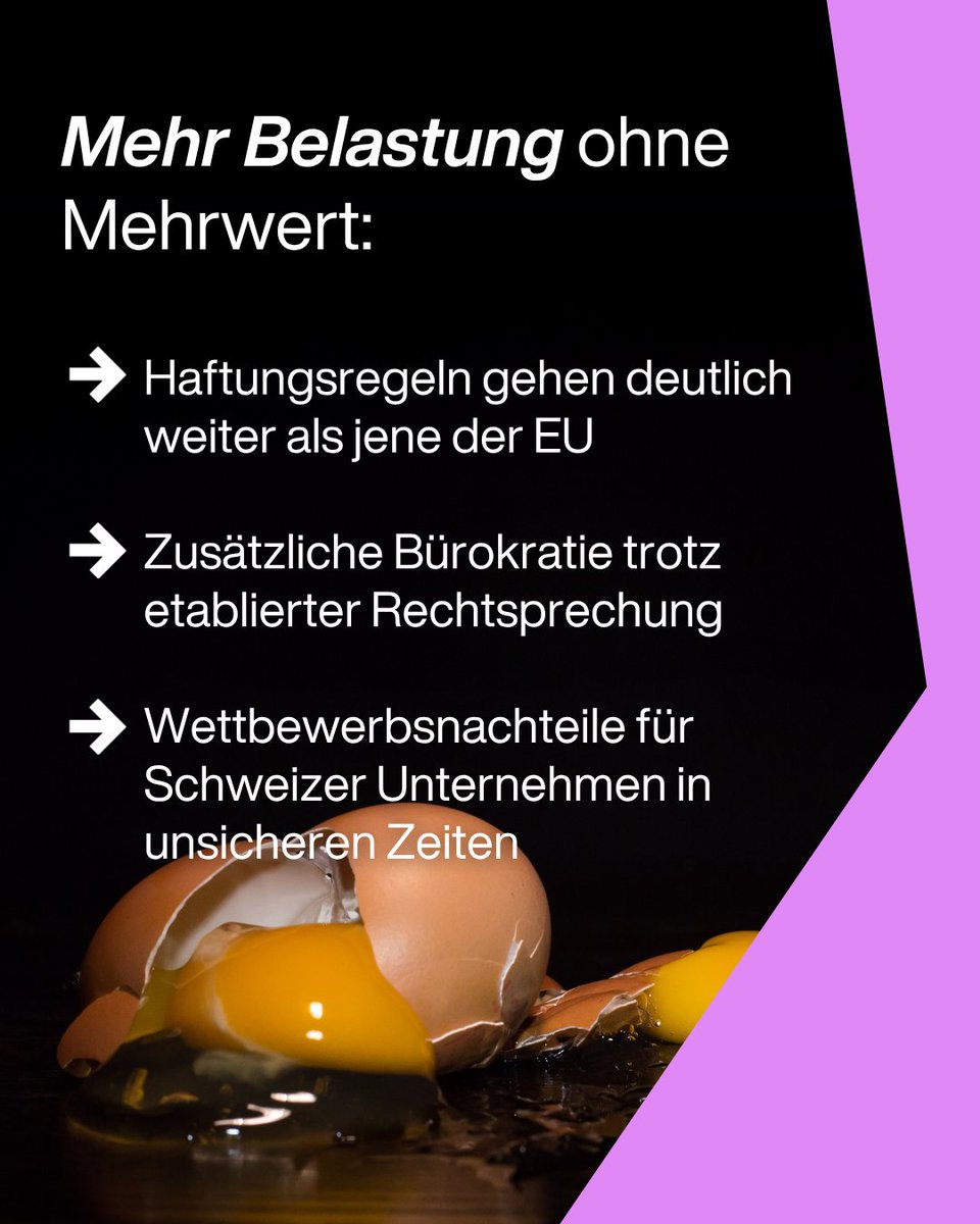 economiesuisse's tweet photo. 𝗕𝘂𝗻𝗱𝗲𝘀𝗿𝗮𝘁 𝗹𝗲𝗴𝘁 𝗱𝗲𝗿 𝗦𝗰𝗵𝘄𝗲𝗶𝘇 𝗲𝗶𝗻 𝗴𝗿𝗼𝘀𝘀𝗲𝘀 𝗘𝗶: 𝗪𝗶𝗿𝘁𝘀𝗰𝗵𝗮𝗳𝘁 𝗹𝗲𝗵𝗻𝘁 𝗚𝗲𝗴𝗲𝗻𝘃𝗼𝗿𝘀𝗰𝗵𝗹𝗮𝗴 𝘇𝘂𝗿 𝗞𝗼𝗻𝘇𝗲𝗿𝗻𝘃𝗲𝗿𝗮𝗻𝘁𝘄𝗼𝗿𝘁𝘂𝗻𝗴 𝗸𝗹𝗮𝗿 𝗮𝗯❌
Mit dem Gegenvorschlag zur Konzernverantwortung will der Bundesrat ein neues Lieferkettengesetz einführen, das deutlich über die EU‑Regeln hinausgeht. Die Wirtschaft lehnt diesen Vorschlag klar ab.
Das neue Gesetz ist ein Paradebeispiel für unnötige Bürokratie🗂️ und vorauseilenden Gehorsam. Während die EU bei der Haftung zurückbuchstabiert, will der Bundesrat sie in der Schweiz ausbauen. Gleichzeitig drohen zusätzliche Auflagen trotz etablierter Rechtsprechung – ein klarer Wettbewerbsnachteil für Schweizer Unternehmen in wirtschaftlich unsicheren Zeiten.
Während die EU abbaut, schiesst der Bundesrat mit diesem Gesetz über das Ziel hinaus⚠️ – entgegen seinem eigenen Wort. Die Wirtschaft sagt deshalb klar Nein zum Gegenvorschlag.
👉 Mehr dazu in unserer Medienmitteilung: https://t.co/pMw3BzVqWR
#Konzernverantwortung #Wirtschaft #Bürokratie #Unternehmen