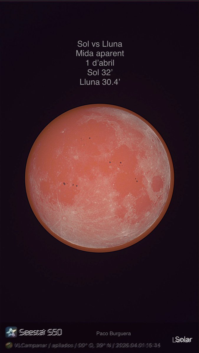 PacoBurguera's tweet photo. Comparativa de la #mida aparent del #Sol i la #Lluna, ahir 1 d’abril. 
Sol>Lluna.
@AEMET_CValencia 
@ASTROAVA @IGN_RObsMadrid 
@Josep_Trigo @apuntoratge @llobiols @EnricMarcoSoler @Tiempo_Valencia @avamet @oratgenet @jcfortea 
#cielosESA @aquilatierratve @tiempobrasero https://t.co/zarCyNhncb