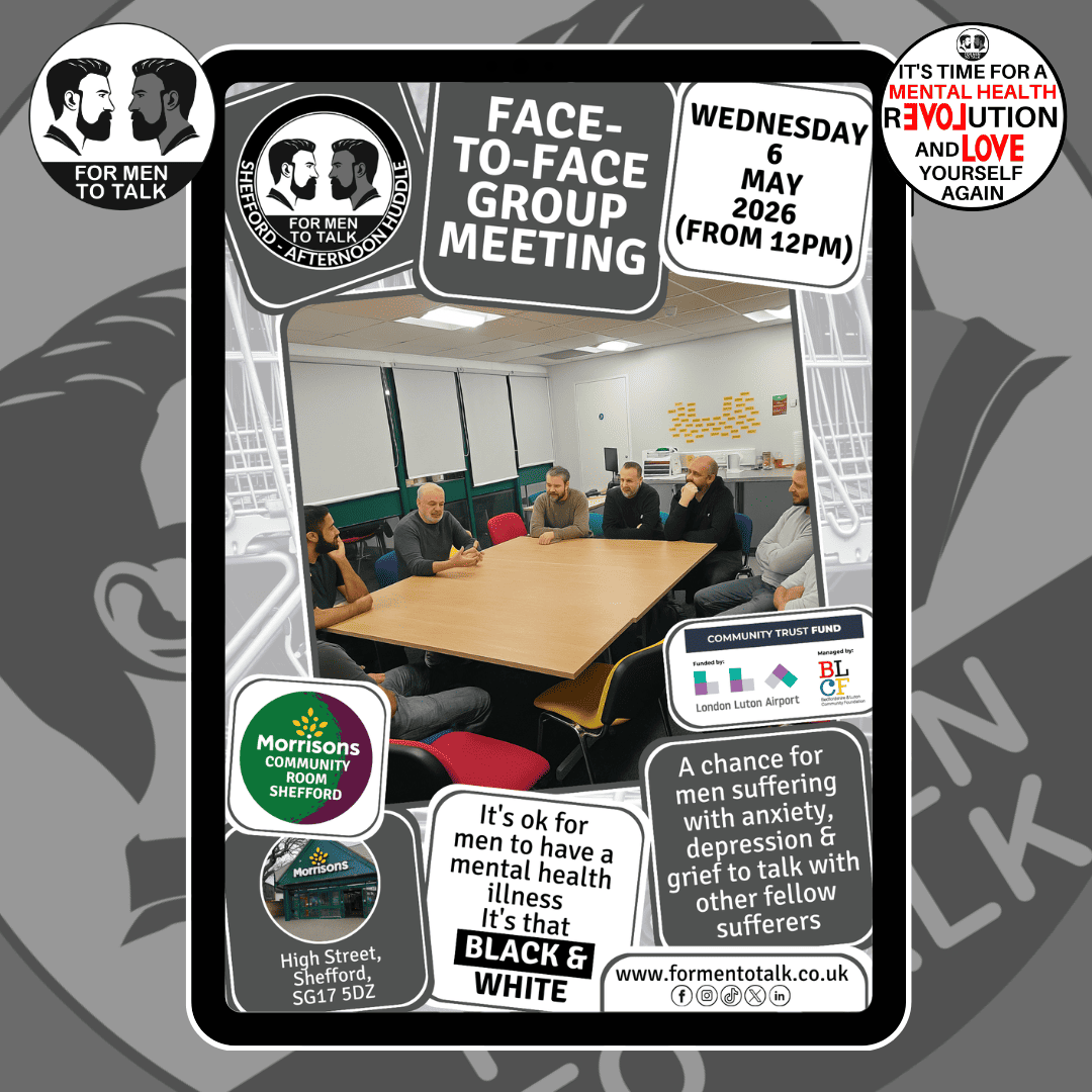 ForMenToTalk's tweet image. @formentotalk #Shefford (Afternoon Huddle) welcomes you on Wednesday 6 May 2026 at 12pm, Morrisons Community Room. A friendly men’s peer support group where conversations about #anxiety, #depression and #grief are met with understanding, not judgment. #mentalhealth