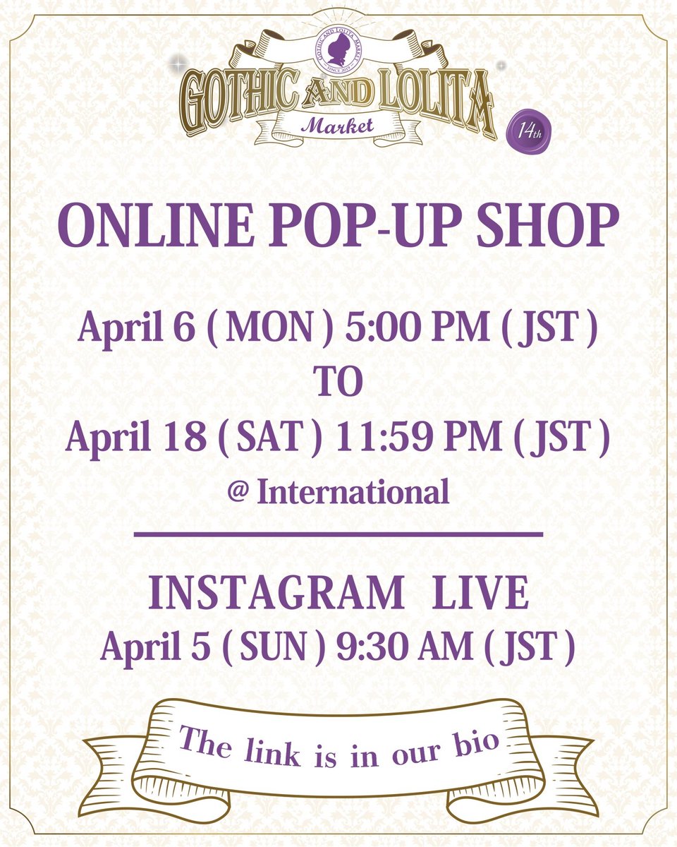 💜 #GLM14 閉場のお知らせ💜

ご来場ありがとうございます！
お帰りもお気を付けて🕊️

🧳クロークご利用の方
お早目にお荷物をお引き取りください

🎀感想･お迎え品報告
#ゴスロリマーケット のタグ付きでぜひご投稿ください♪

💌通販受付💌
4/6(月)17:00~4/18(土)23:59
gothlolimarket.com