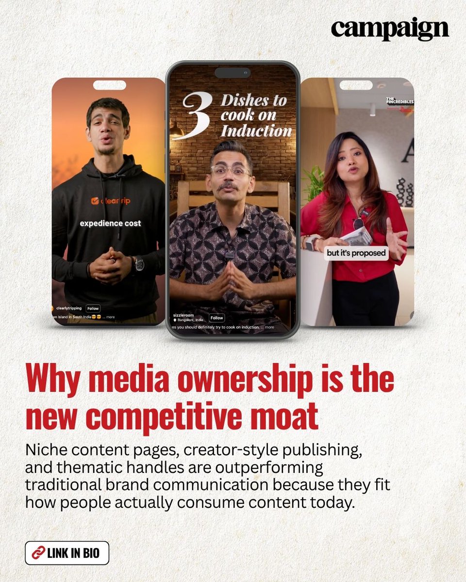 Campaign_India's tweet image. The old marketing equation is breaking down. Smartest brands aren't just advertising they're publishing. From @Cleartrip to #Licious, owned media is the new competitive moat. 

Read more at: tinyurl.com/3rv6ed9f
 #Brands #ContentStrategy

@MktgMoves @AlawadhiChirag