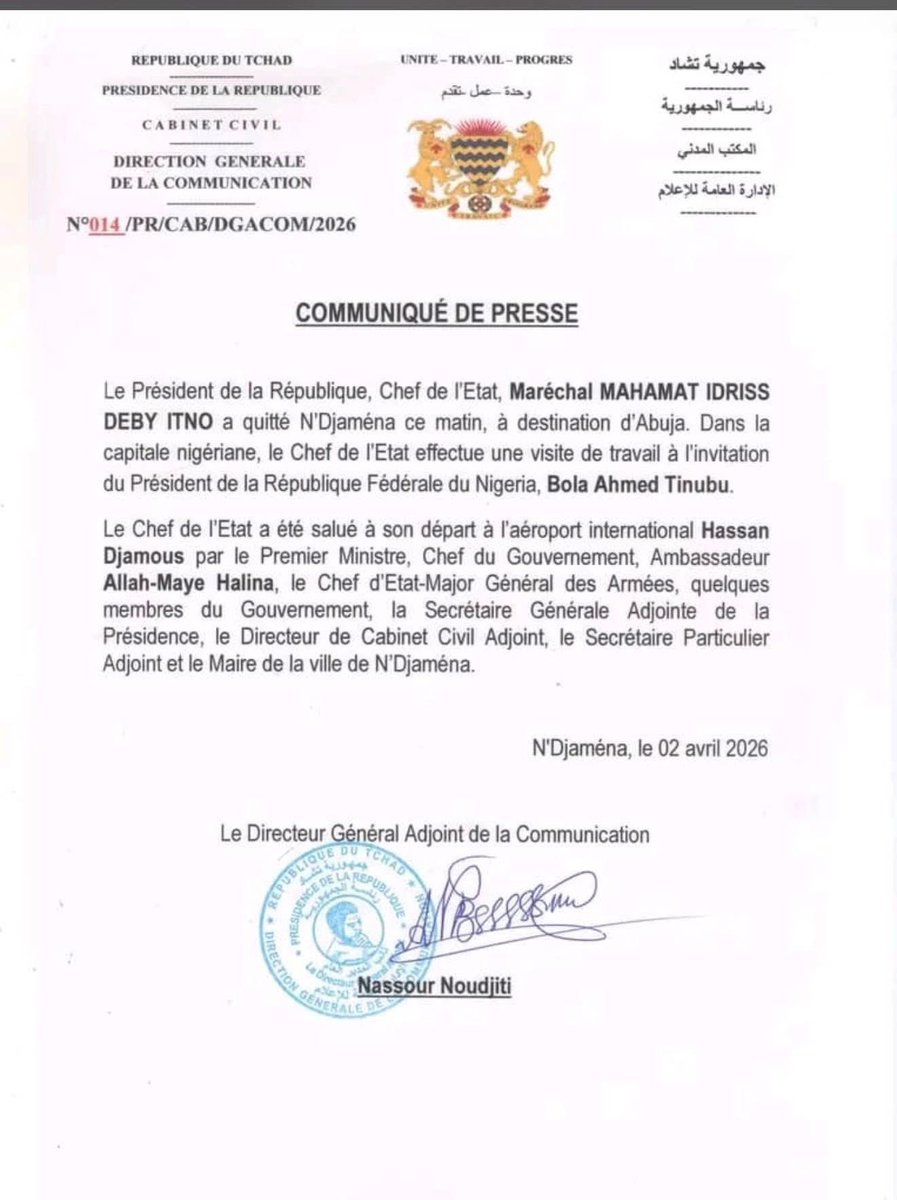 TchadOne's tweet image. #Tchad 🇹🇩 | Mahamat Kaka en visite de travail à Abuja

Le président vient de  quitter N’Djamena ce 2 avril 2026 à destination d’Abuja, ou la communication officielle parle « d’une visite de travail à l’invitation du Président nigérian Bola Ahmed Tinubu ». TchadOne y reviendra