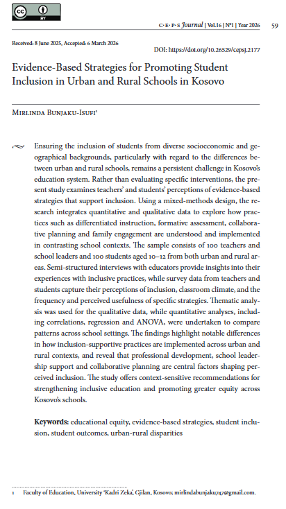 CepsJournal's tweet photo. The article Evidence-Based Strategies for Promoting Student Inclusion in Urban and Rural Schools in Kosovo by Mirlinda Bunjaku-Isufi is featured in our latest issue. Read it here: https://t.co/XcMwRS585Z #educationalequity #studentinclusion #studentoutcomes #urbanruraldisparities https://t.co/gxWHpLi56n