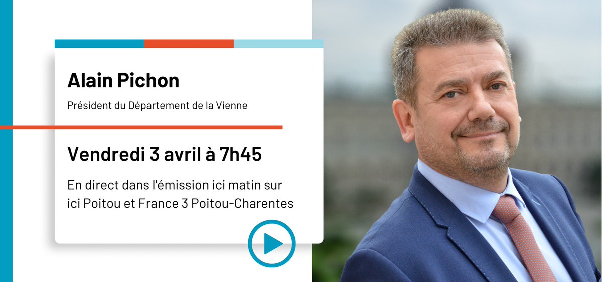 departement86's tweet photo. #Média 🎙️ | Alain Pichon, Président du Département de la Vienne, sera l’invité de @icipoitou et @F3PoitouChtes pour évoquer le #Budget2026 du Département 

🗓️ Rendez-vous vendredi 3 avril à 7h45 https://t.co/grdcMknln3