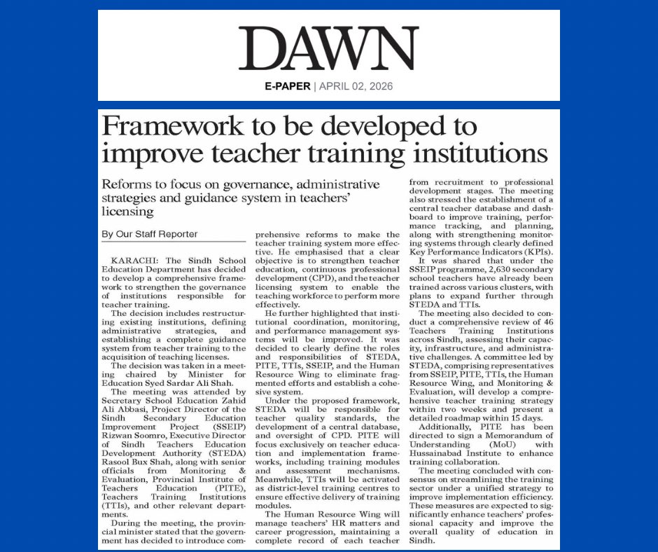 MinisterEduGos's tweet image. #Dawn | Provincial minister stated that the government has decided to introduce com-prehensive reforms to make the teacher training system more effective. He emphasised that a clear objective is to strengthen teacher education, continuous professional development (CPD), and the