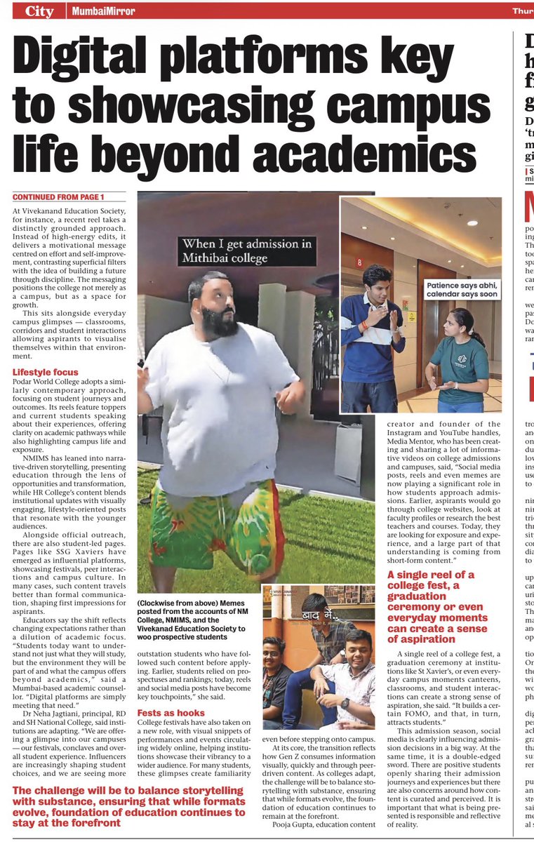 diptivsingh's tweet image. Admissions season, now streaming.
Mumbai’s colleges are pitching themselves through reels, memes and campus vibes and moments turning Instagram into the new prospectus for #GenZ

#genzlife #mumbaicolleges 

Full story 👇🏻

mumbaimirror.indiatimes.com/mumbai/cover-s…