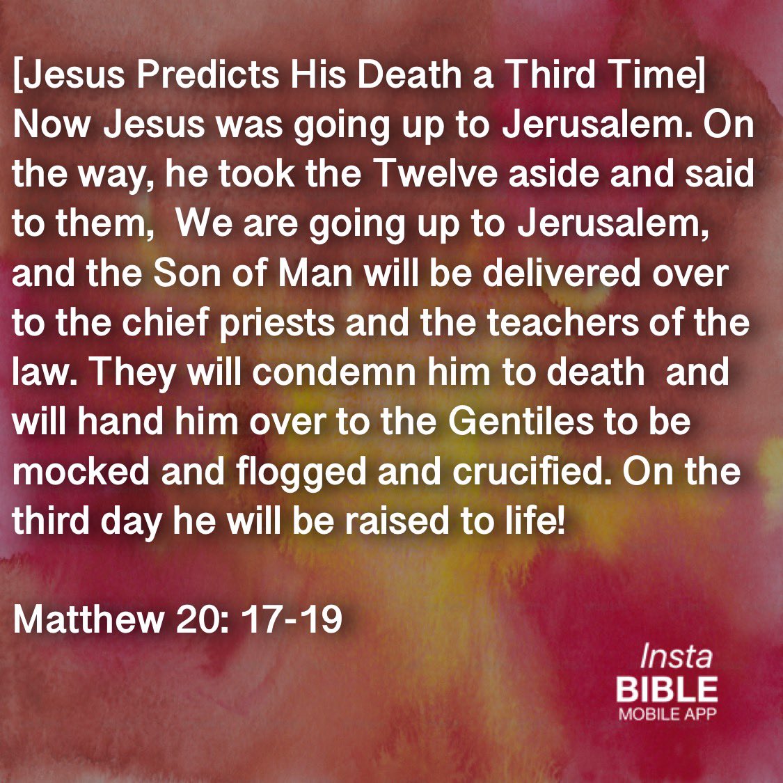 Matthew 20:17-19… Download APP: <a href="/instabibleapp1/">InstaBible App</a>… link in bio… #Jesus #Predicts #Death #Third #Time #Jesus #up #Jerusalem #way #took #Twelve #aside #Son #Man #over #chief #priests #teachers #law #condemn #Gentiles #day #life #Matthew