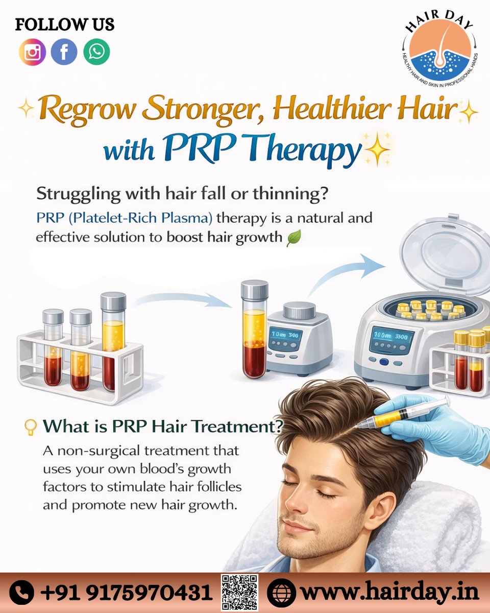 abhi040687's tweet image. Regrow Stronger, Healthier Hair with PRP Therapy
Struggling with hair fall or thinning?
PRP (Platelet-Rich Plasma) therapy is a natural and effective solution to boost hair growth 🌿
#HairPRP #HairGrowthTreatment #HairFallSolution #HealthyHair #HairdayClinic #PRPTherapy