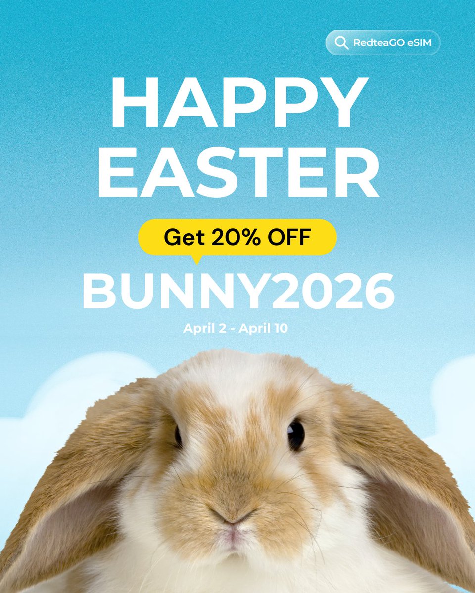 RedteaGO's tweet photo. About to leave for your Easter holiday trip?
The Easter bunny 🐰 left something special just for you!
💡 How to Redeem:
1️⃣ RedteaGO App - "Me" - "Redeem Promo Code"
2️⃣ Enter code: BUNNY2026
3️⃣ Pick a plan and enjoy 20% OFF!
*Valid for fixed data plans only. https://t.co/IlVKhFRS3J