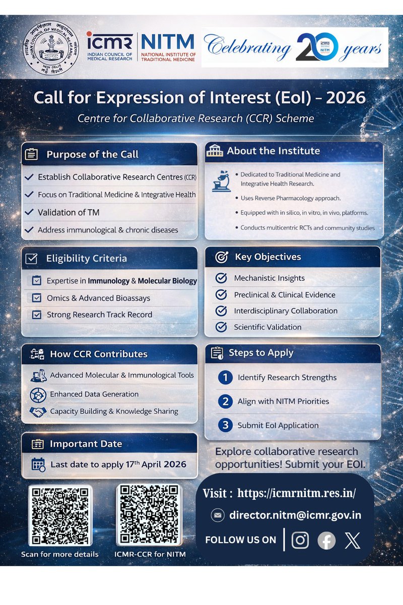 IcmrNitm's tweet photo. 🚨 Call for Expression of Interest (EoI) – CCR Scheme
Join us in advancing science.
🤝 Seeking institutions with strengths in Immunology, Molecular Biology, Omics &amp; Advanced Bioassays
📅 Last date: 17th April 2026
🔗 For further details, visit https://t.co/Uqus6cgf5a https://t.co/ZcgnmFoQun